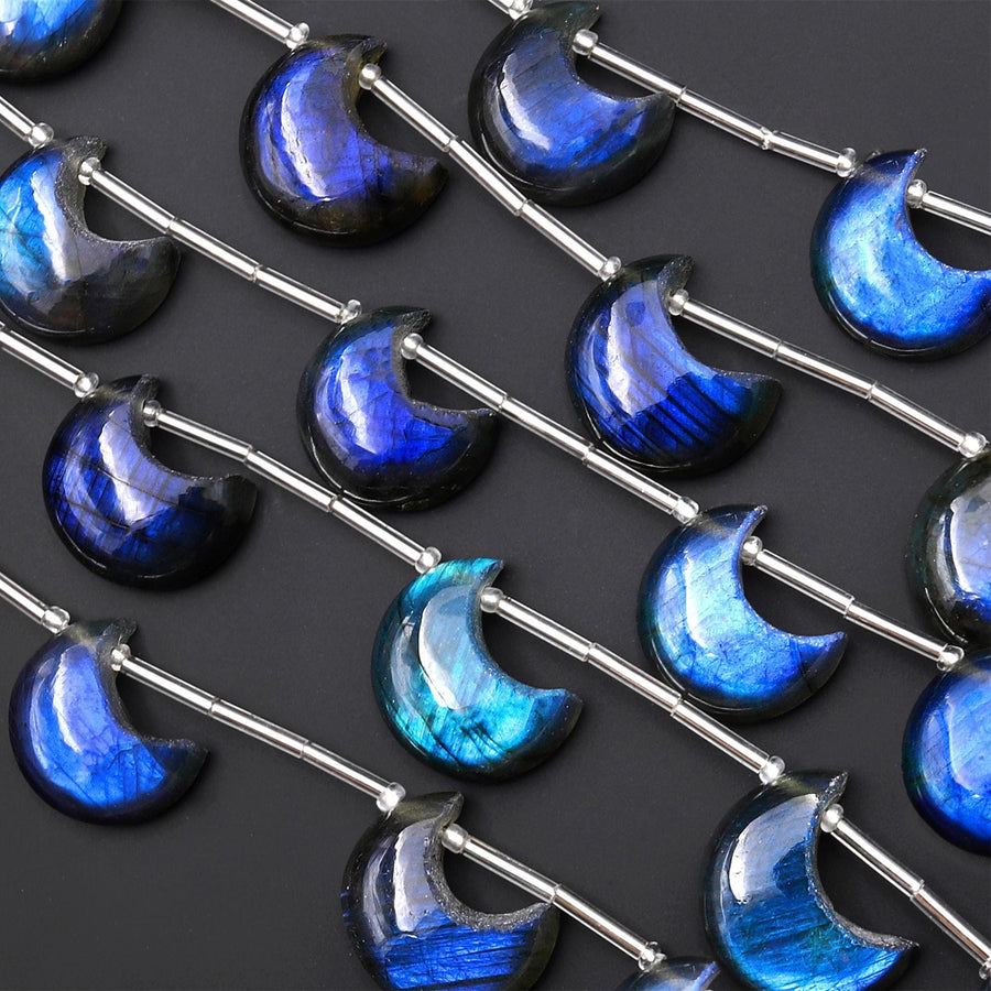 AAA Fiery Hand Cut Natural Labradorite Crescent Moon Top Side Drilled Focal Pendant Beads 8" Strand
