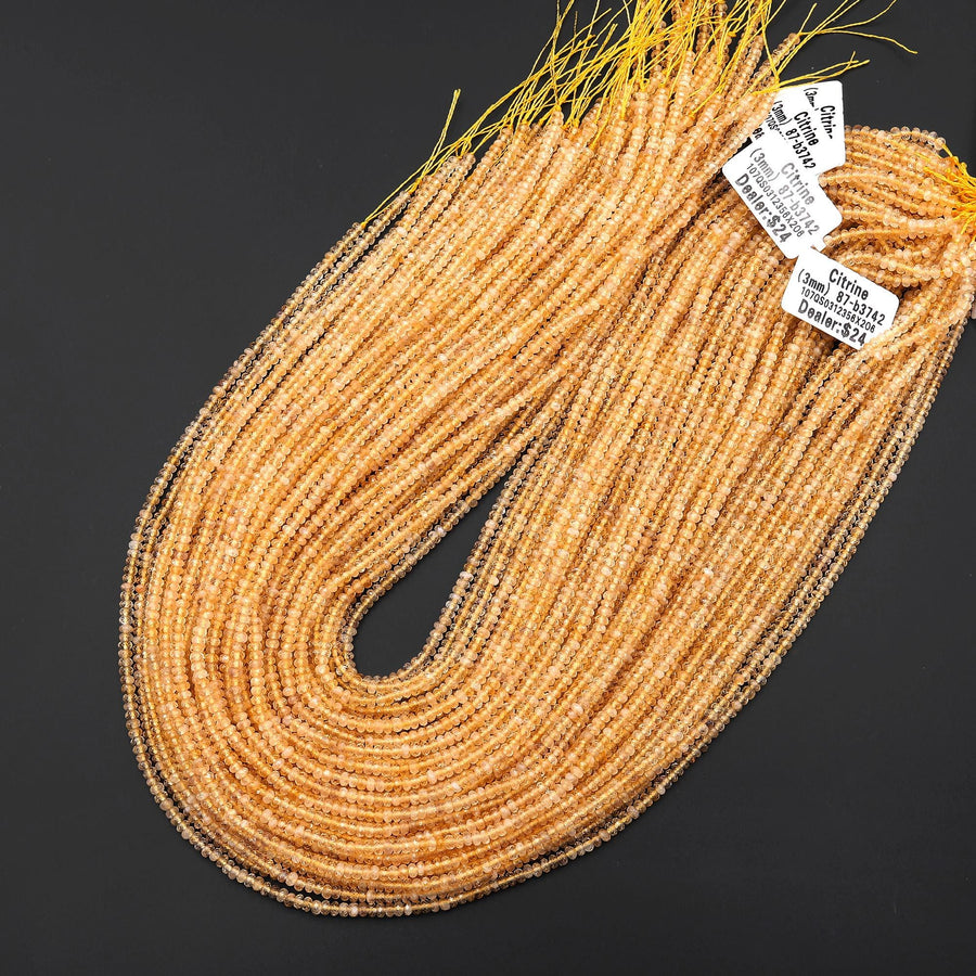 Faceted Genuine Natural Honey Yellow Citrine 3mm Rondelle Beads 15.5" Strand