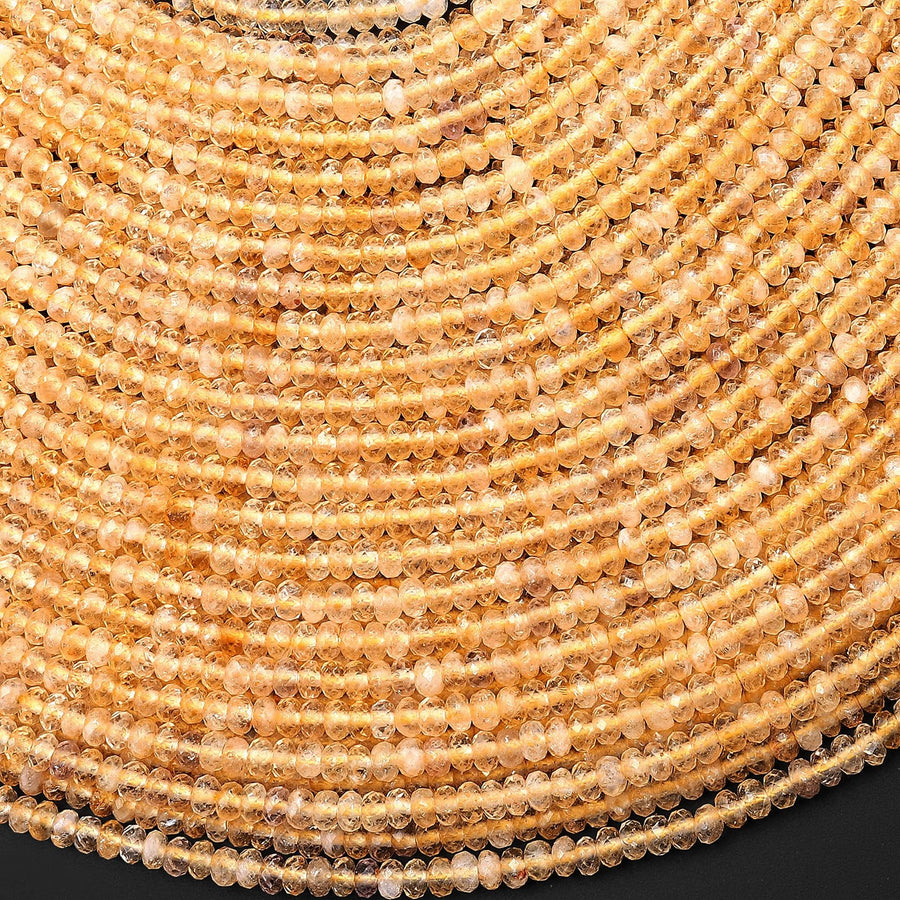 Faceted Genuine Natural Honey Yellow Citrine 3mm Rondelle Beads 15.5" Strand