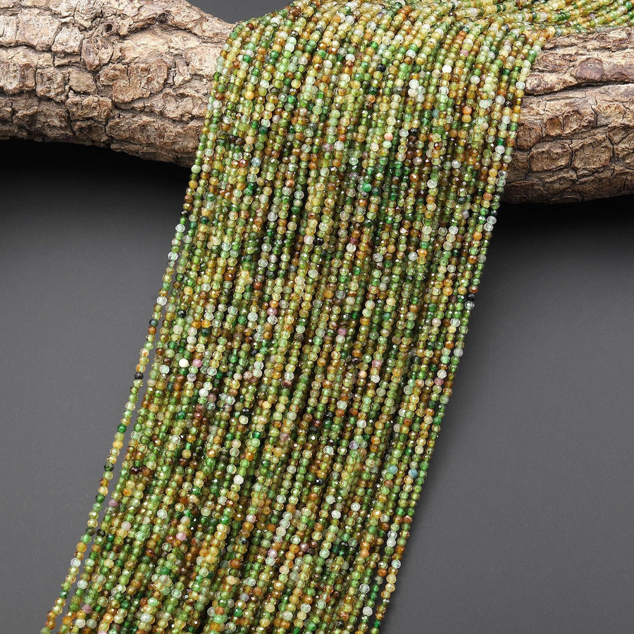 AAA Faceted Natural Green Yellow Petrol Tourmaline 2mm Round Beads Gemstone 15.5" Strand