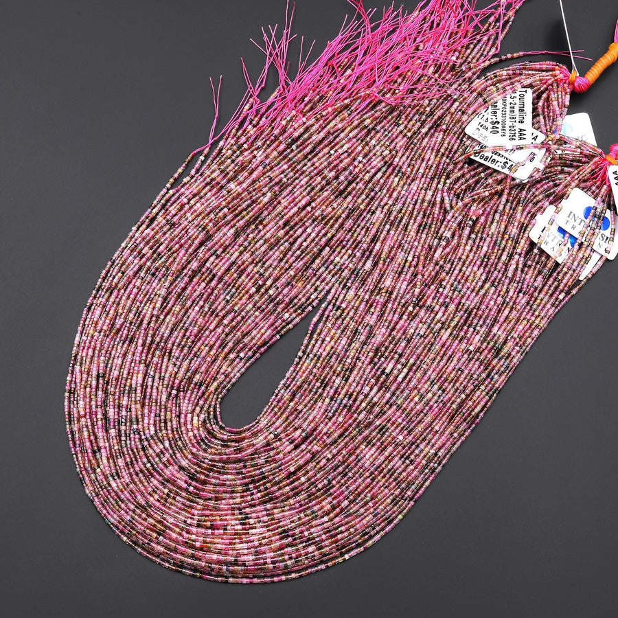 Natural Green Pink Watermelon Tourmaline Super Thin Fine 2mm Tube Beads 15.5" Strand