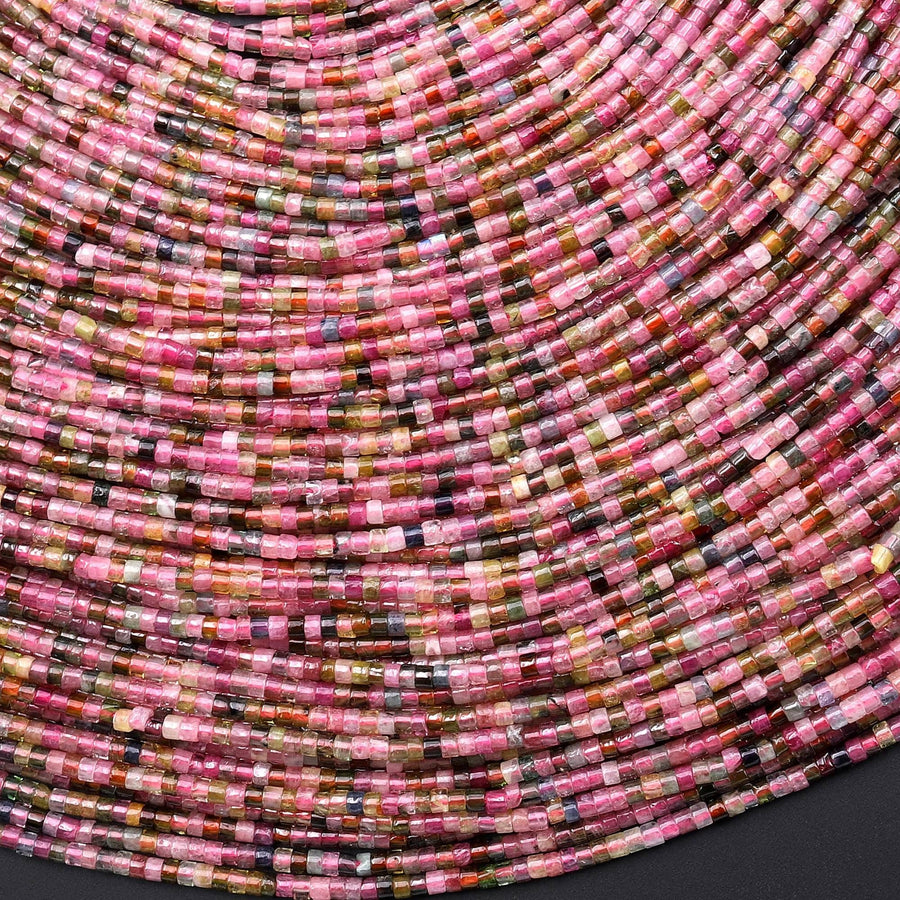 Natural Green Pink Watermelon Tourmaline Super Thin Fine 2mm Tube Beads 15.5" Strand