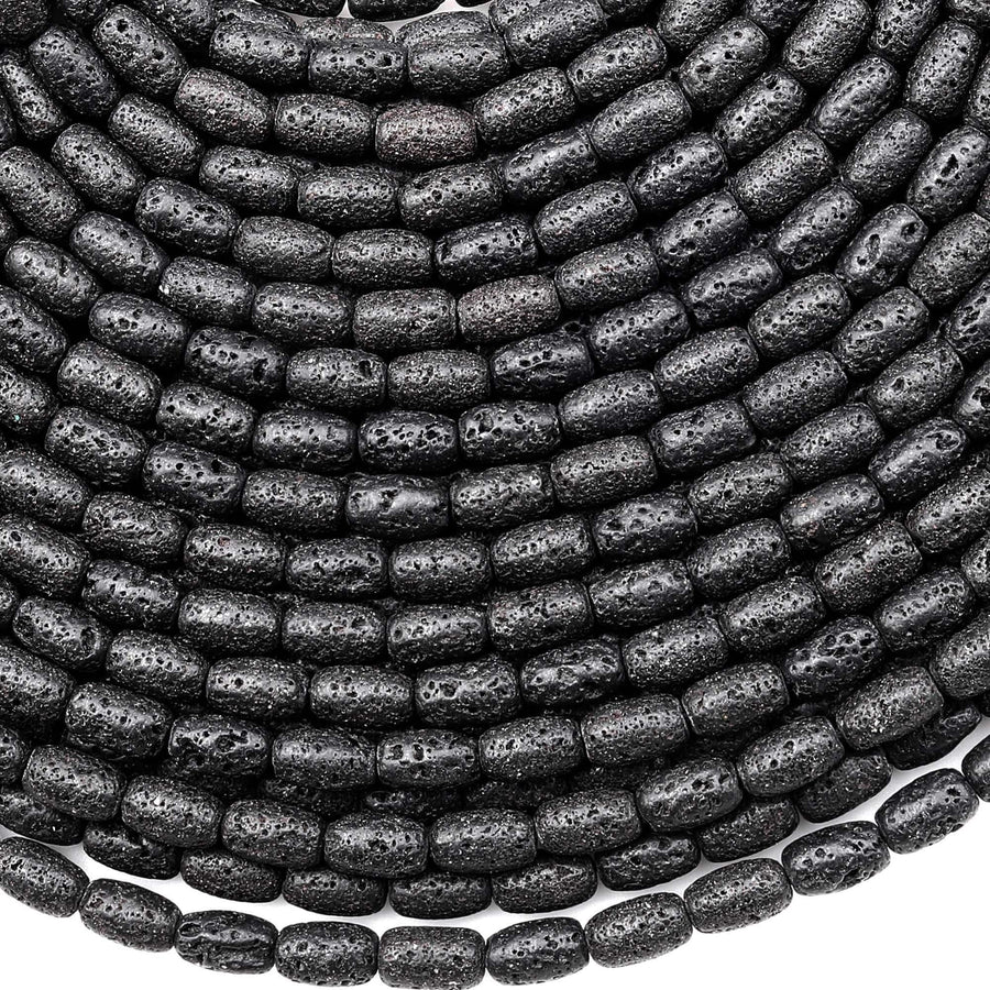 AAA Natural Black Lava Tube 7x4mm Rice Barrel Tube Beads Organic Earthy Stone 15" Strand