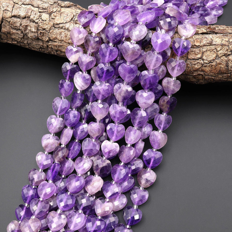 Natural Purple Amethyst Faceted Heart Beads 12mm Center Drilled Gemstone 15.5" Strand