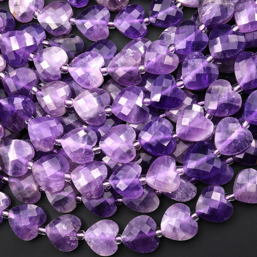 Natural Purple Amethyst Faceted Heart Beads 12mm Center Drilled Gemstone 15.5" Strand