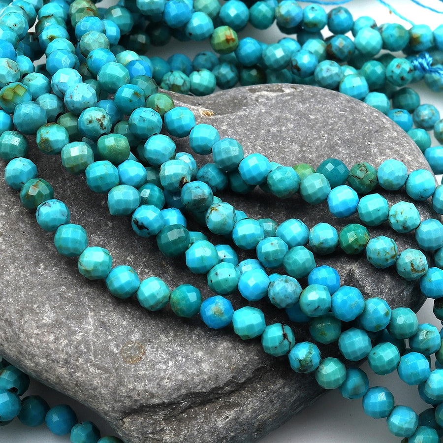 AAA Natural Blue Turquoise 3mm 4mm Faceted Round Beads Real Genuine Micro Cut Gemstone 15.5" Strand