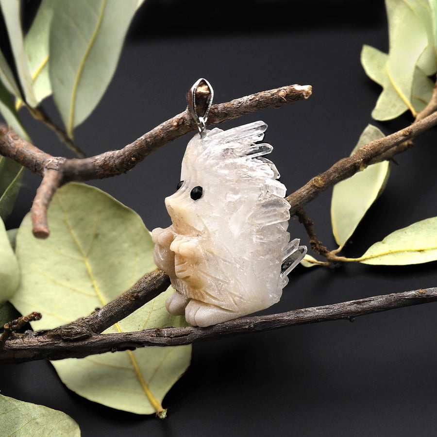 Hand Carved Natural Rock Quartz Druzy Crystal Cluster Hedgehog Pendant