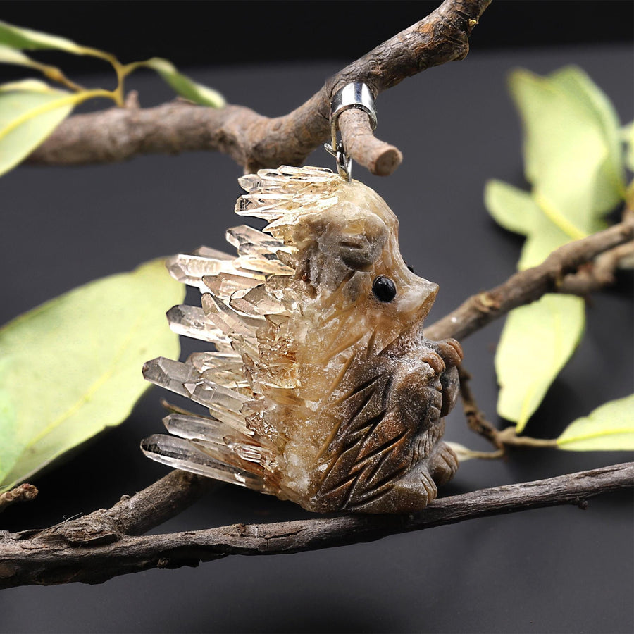 Hand Carved Natural Rock Quartz Druzy Crystal Cluster Hedgehog Pendant