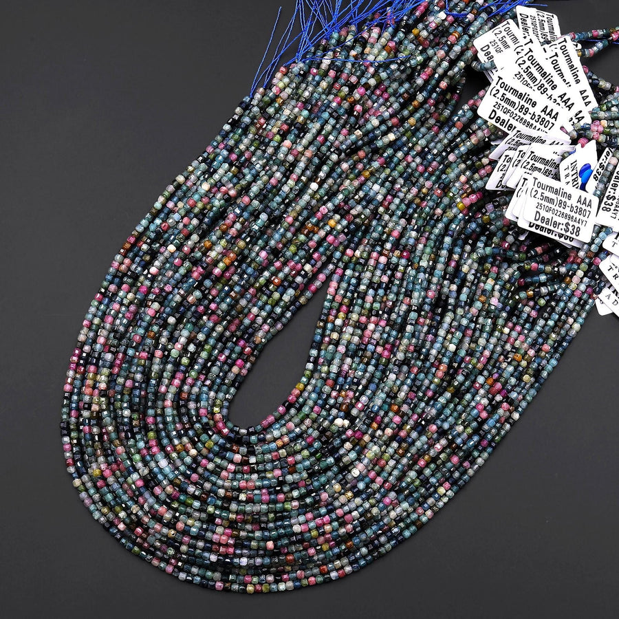 AAA Natural Paraiba Blue Tourmaline Pink Faceted 2mm 3mm Cube Beads Indicolite Gemstone 15.5" Strand