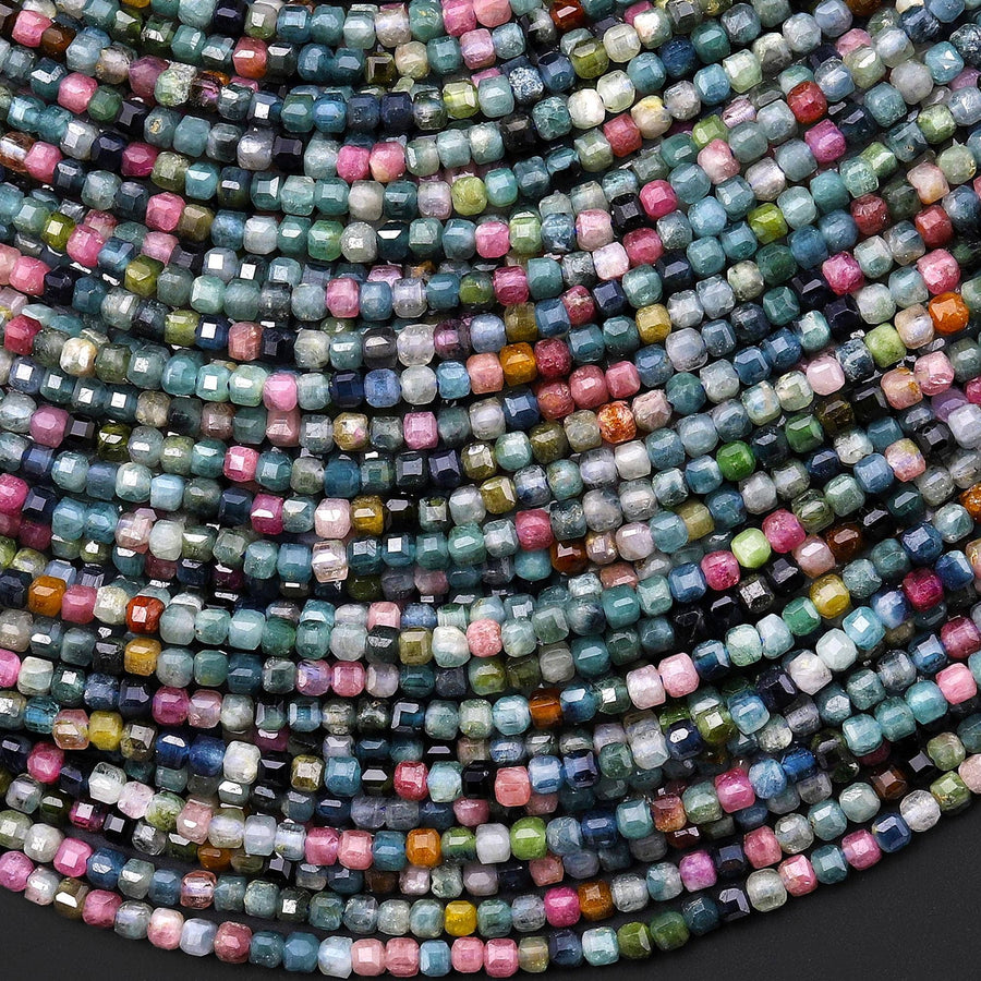 AAA Natural Paraiba Blue Tourmaline Pink Faceted 2mm 3mm Cube Beads Indicolite Gemstone 15.5" Strand