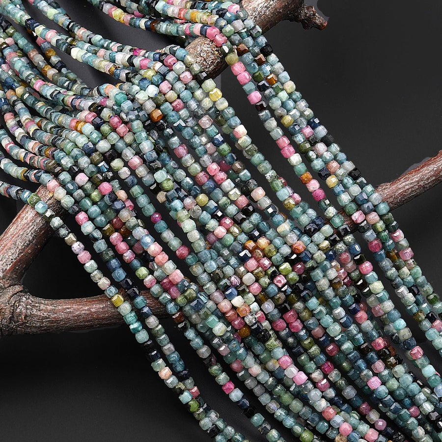 AAA Natural Paraiba Blue Tourmaline Pink Faceted 2mm 3mm Cube Beads Indicolite Gemstone 15.5" Strand