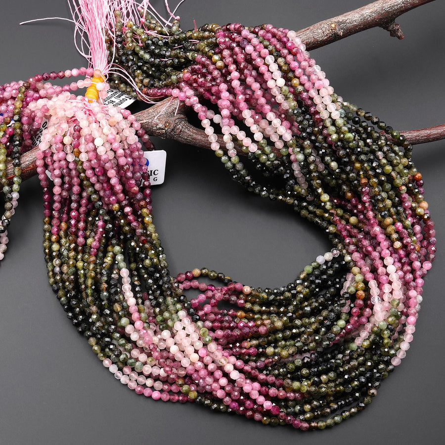 Natural Pink Green Tourmaline Faceted 3mm Round Beads Ombre Color Graduated Shades Gemstone 15.5" Strand