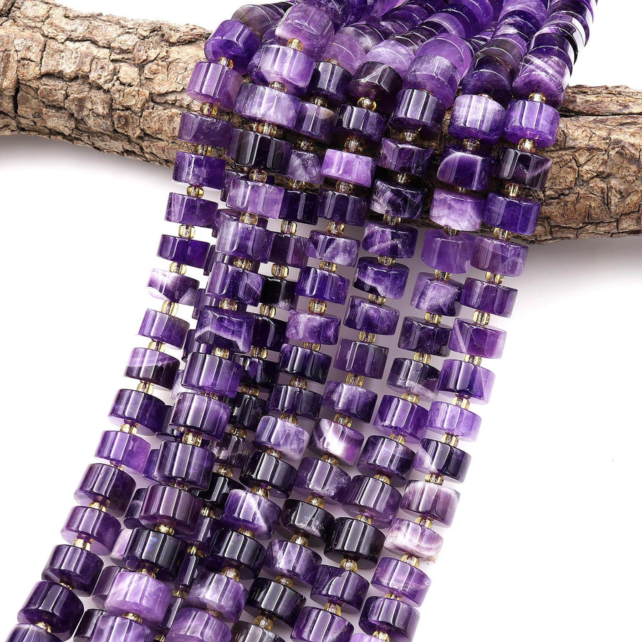 Gemmy Natural Purple Amethyst 12mm Rondelle Wheel Short Cylinder Beads 15.5" Strand