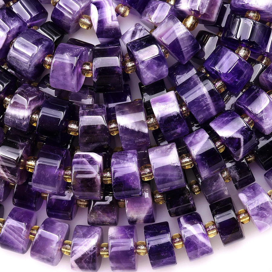 Gemmy Natural Purple Amethyst 12mm Rondelle Wheel Short Cylinder Beads 15.5" Strand