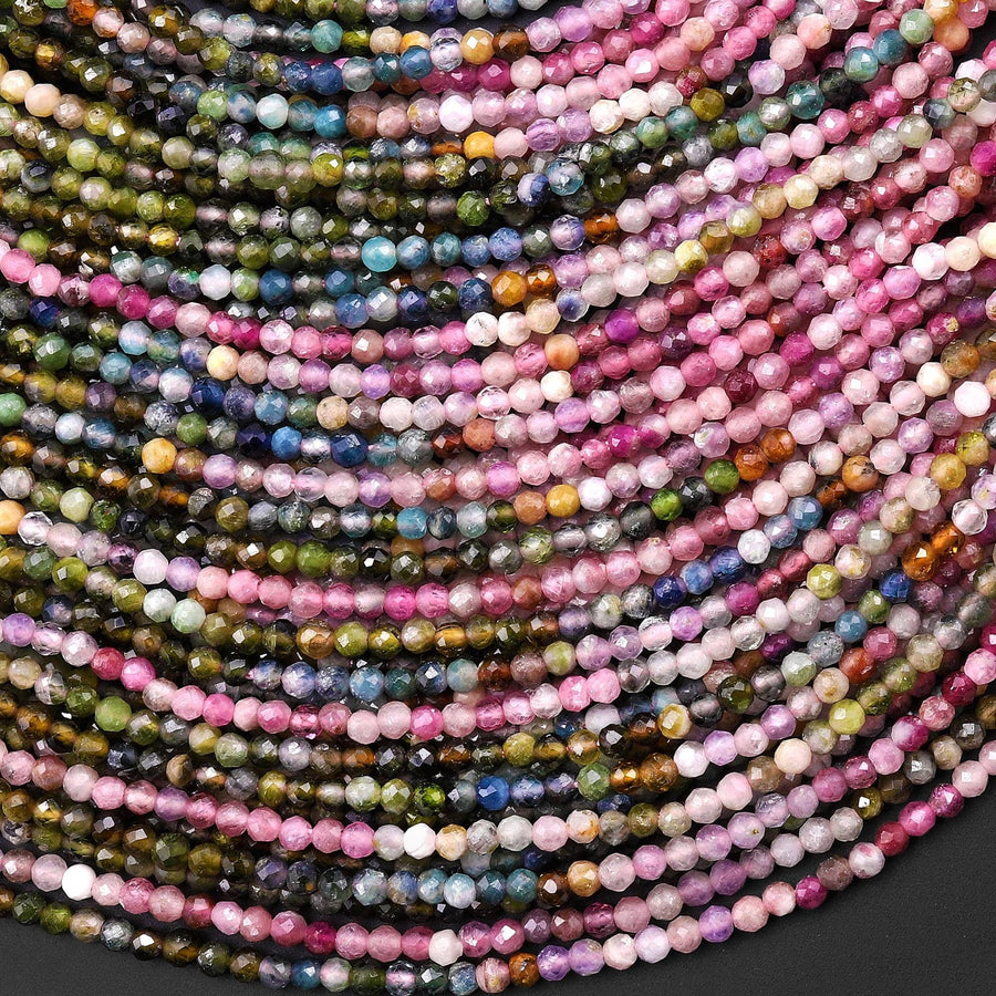 Natural Pink Green Blue Tourmaline Faceted 2mm Round Beads Ombre Gemstone 15.5" Strand