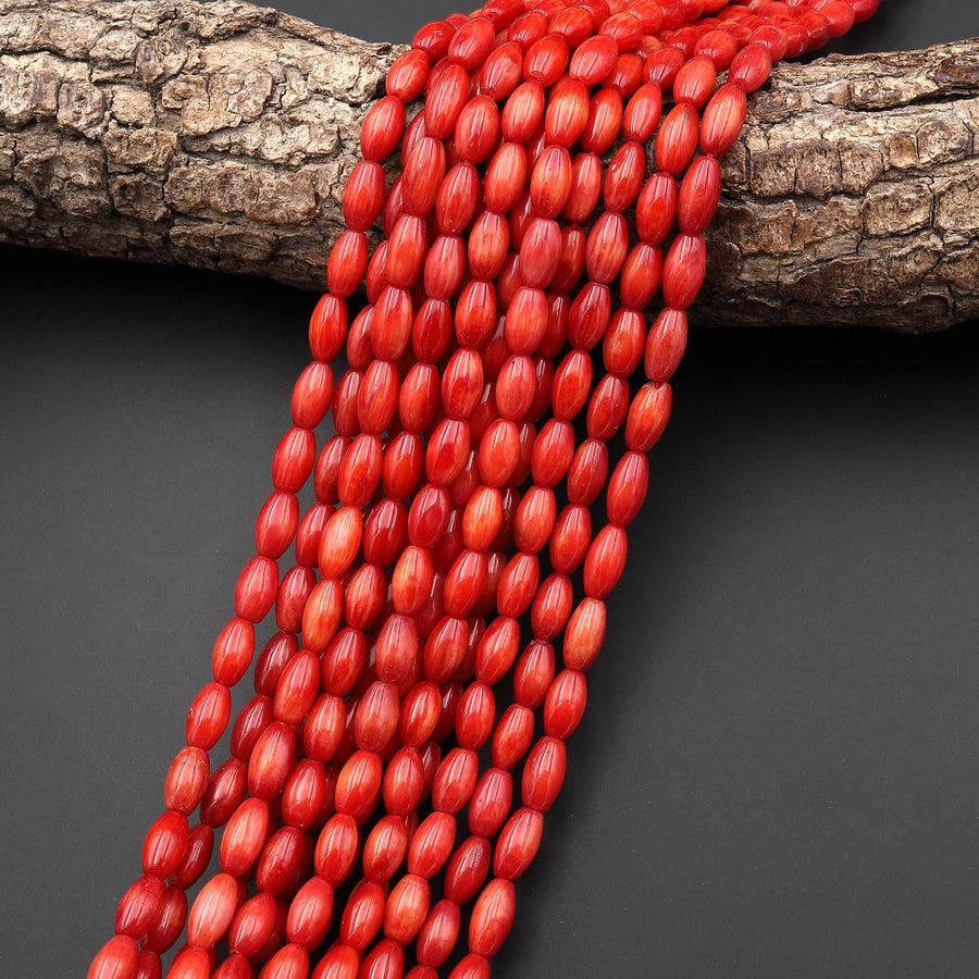 Genuine Red Bamboo Coral Barrel Rice Beads 5x10mm 15.5" Strand