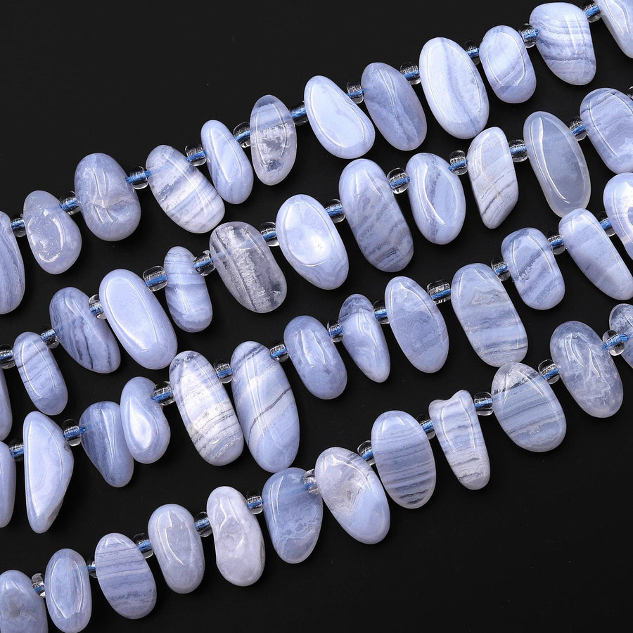 Natural Blue Lace Agate Freeform Oval Drop Beads Top Side Drilled Gemstone 15.5" Strand