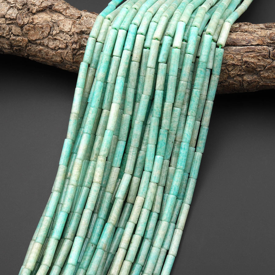 Natural Aqua Blue Green Amazonite Thin Long Tube Beads 15.5" Strand
