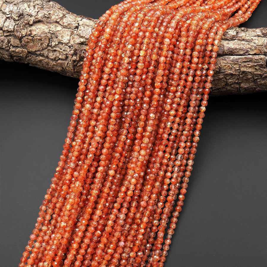 AAA Faceted Natural Orange Sunstone Round Beads 3mm Gemstone 15.5" Strand