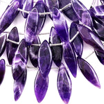AAA Natural Amethyst Smooth Long Marquise Leaf Top Side Drilled Gemstone Beads 8" Strand