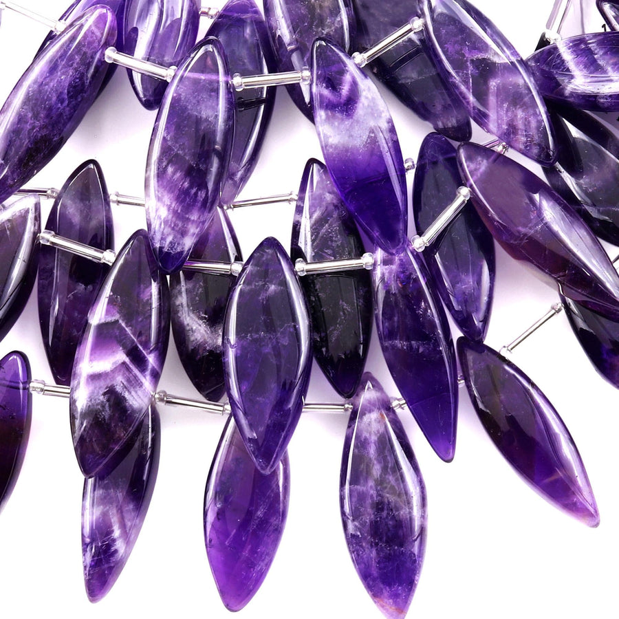 AAA Natural Amethyst Smooth Long Marquise Leaf Top Side Drilled Gemstone Beads 8" Strand