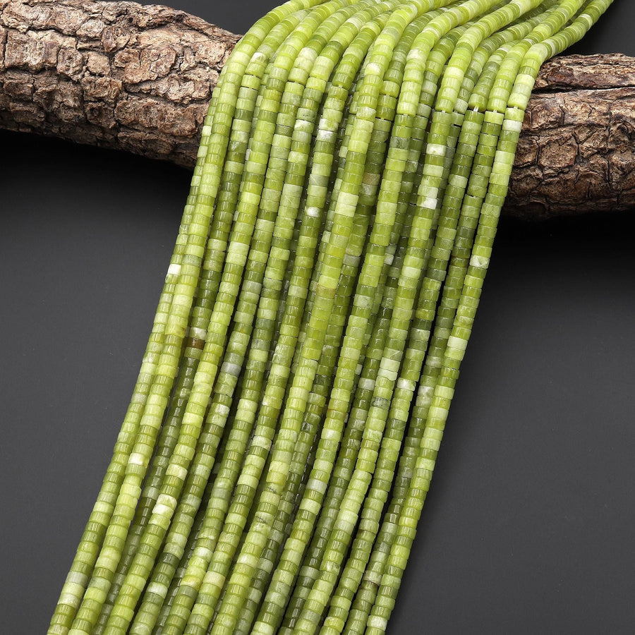 Natural Mustard Green Jade 3mm 4mm Heishi Gemstone Beads 15.5" Strand