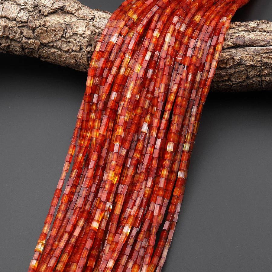 Small Natural Carnelian 4x2mm Thin Rectangle Tube Beads 15.5" Strand