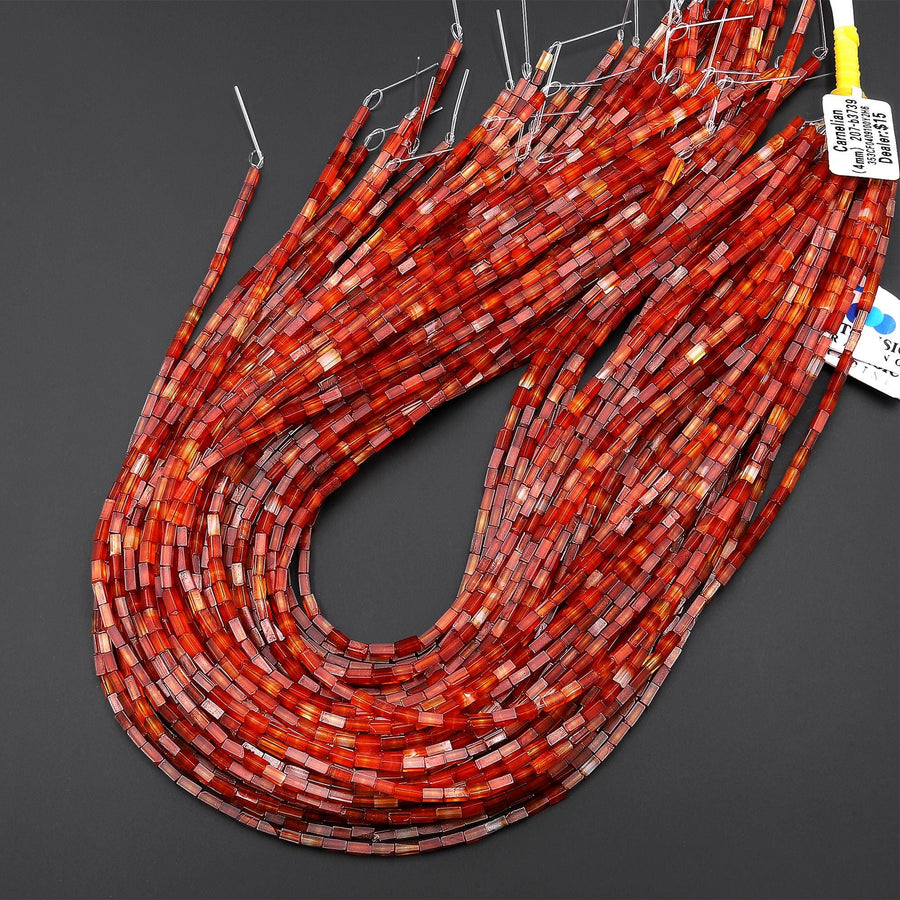 Small Natural Carnelian 4x2mm Thin Rectangle Tube Beads 15.5" Strand