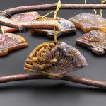 Hand Carved Natural Translucent Brown Indian Agate Gemstone Flower Fan Pendant