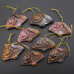 Hand Carved Natural Translucent Brown Indian Agate Gemstone Flower Fan Pendant