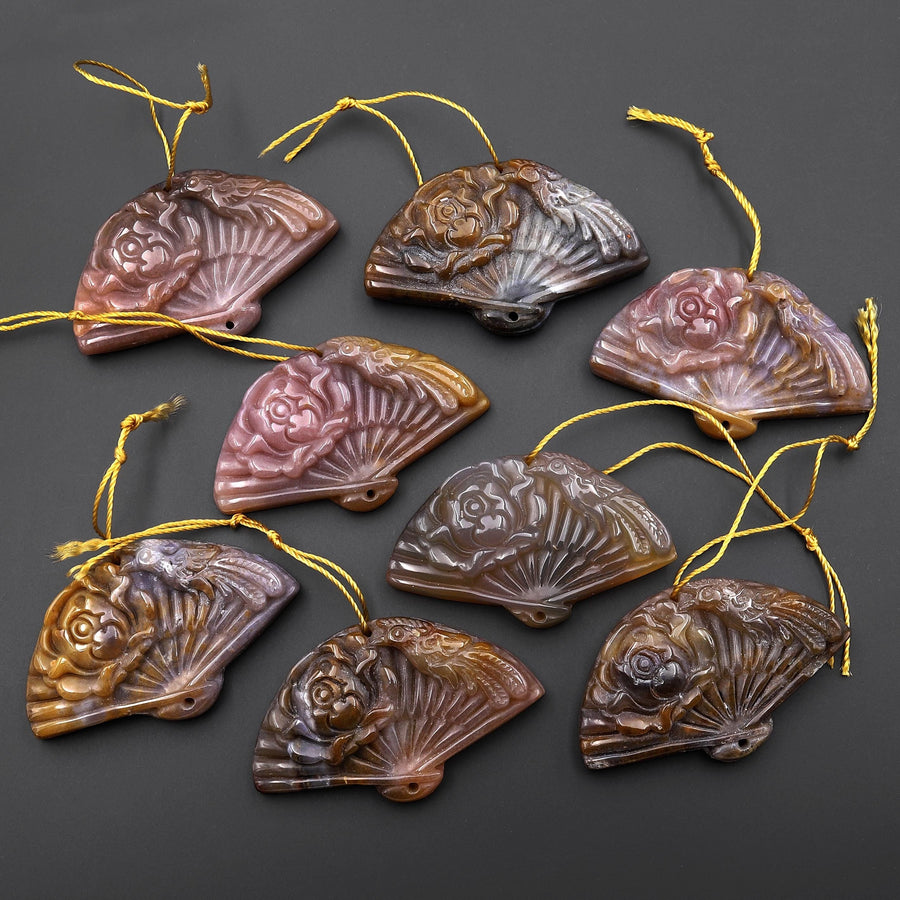 Hand Carved Natural Translucent Brown Indian Agate Gemstone Flower Fan Pendant