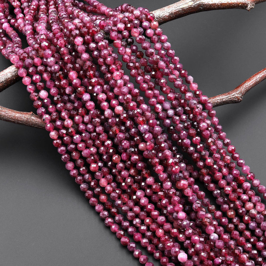 Rare Natural Red Rubellite Tourmaline Faceted 4mm Round Beads 15.5" Strand