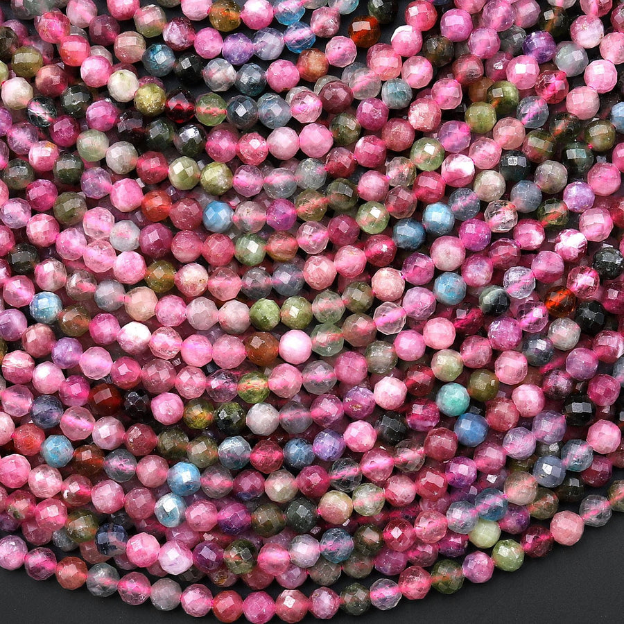 AAA Faceted Translucent Natural Green Pink Blue Tourmaline Round Beads 4mm Gemstone 15.5" Strand