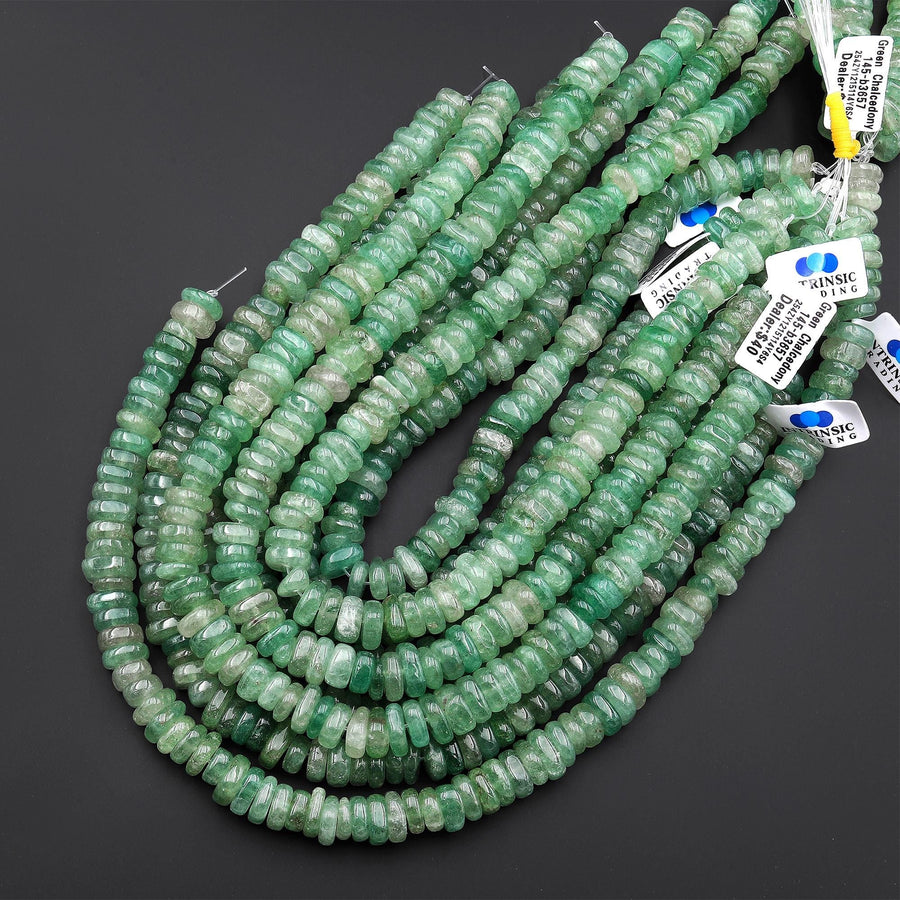 Rare Large Natural African Green Chalcedony 12mm Freeform Rondelle Wheel Beads 15.5" Strand