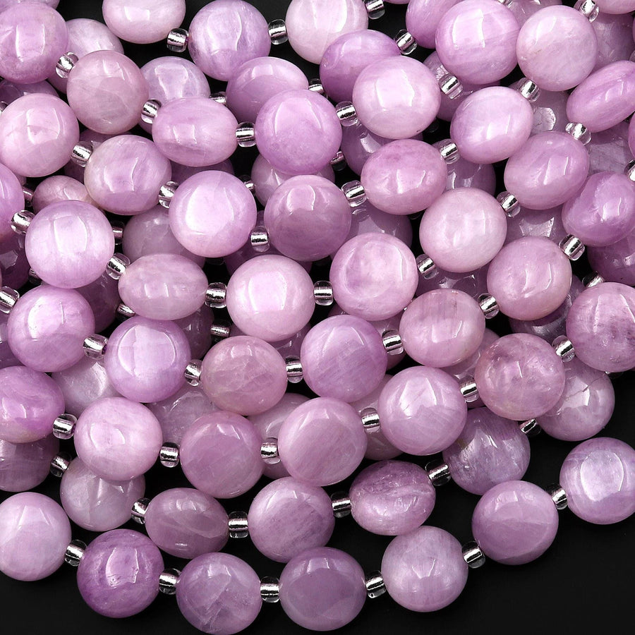 AAA Natural Kunzite Smooth 10mm Coin Beads Lilac Pink Purple Gemstone 15.5" Strand