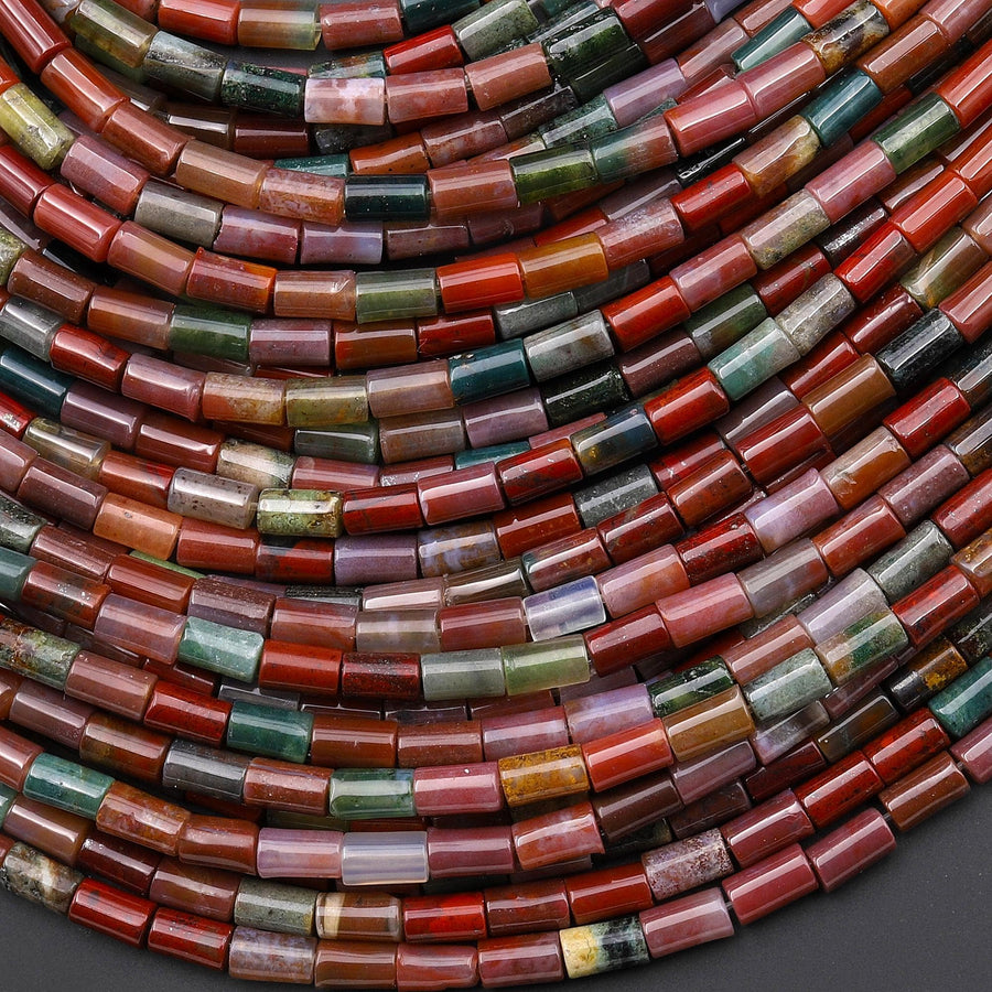 AAA Natural Indian Agate 5x3mm Smooth Tube Beads Aka Green Red Bloodstone 15" Strand
