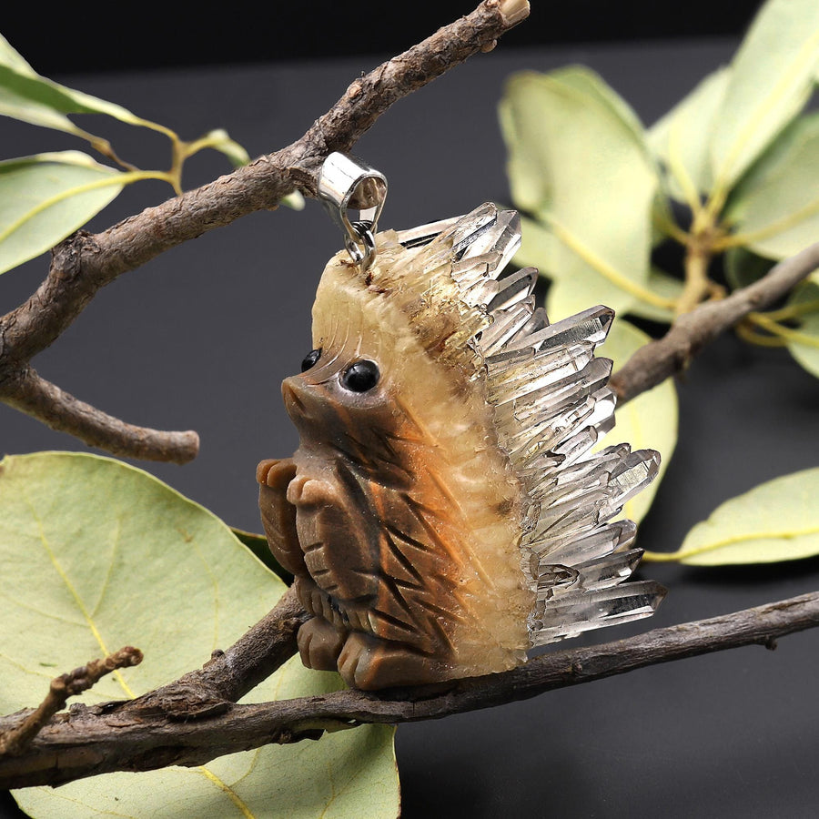 Hand Carved Natural Rock Quartz Druzy Crystal Cluster Hedgehog Pendant