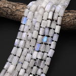 Natural Rainbow Moonstone Faceted Tube Beads 15.5" Strand