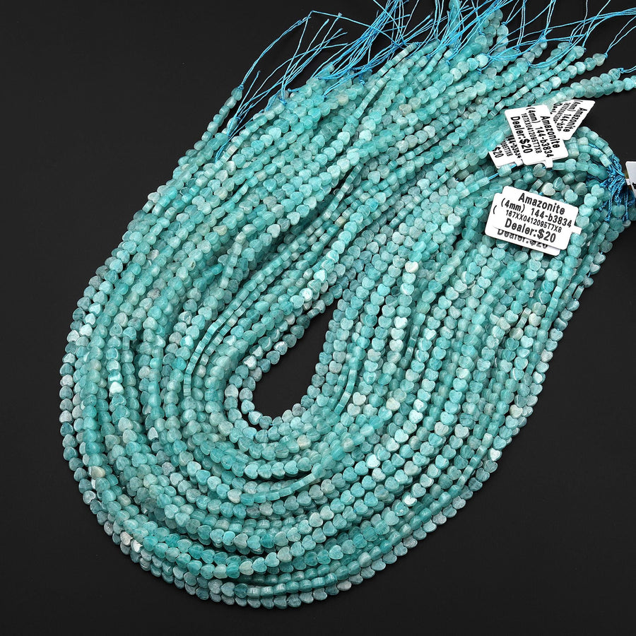 AAA Natural Amazonite Carved Heart Beads 4mm Gemstone 15.5" Strand