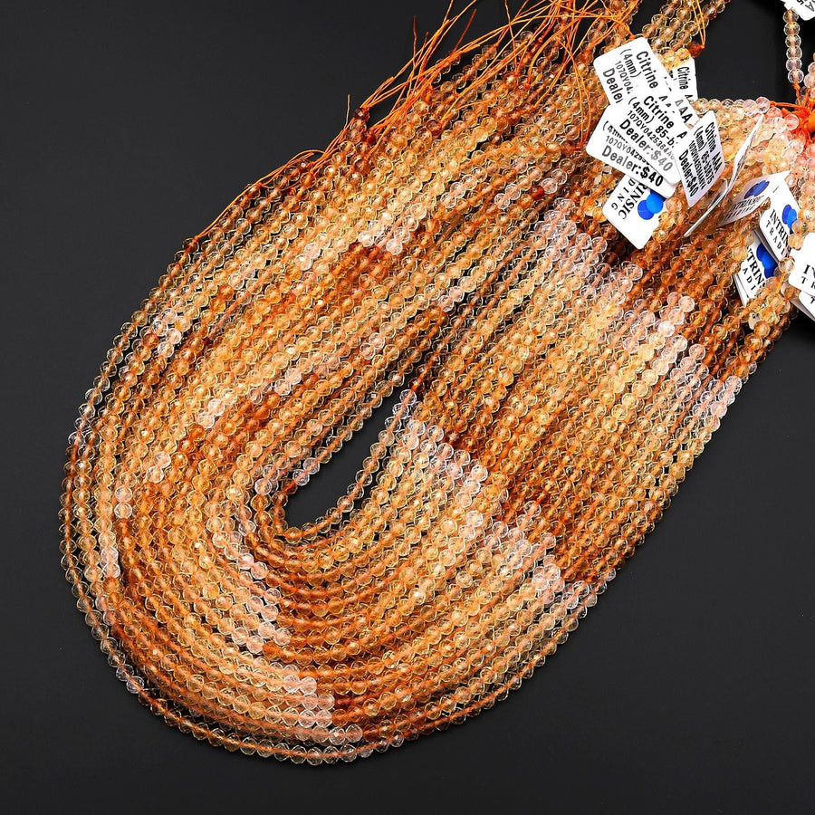 AAA Natural Citrine Faceted 4mm Round Beads Ombre Gemstone 15.5" Strand