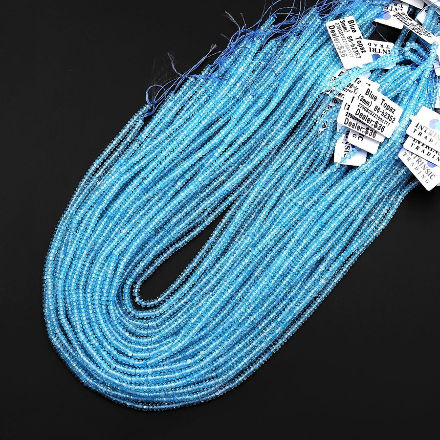AAA Swiss Blue Topaz 3mm Faceted Thin Rondelle Beads Laser Diamond Cut Real Genuine Topaz Gemstone 15.5" Strand