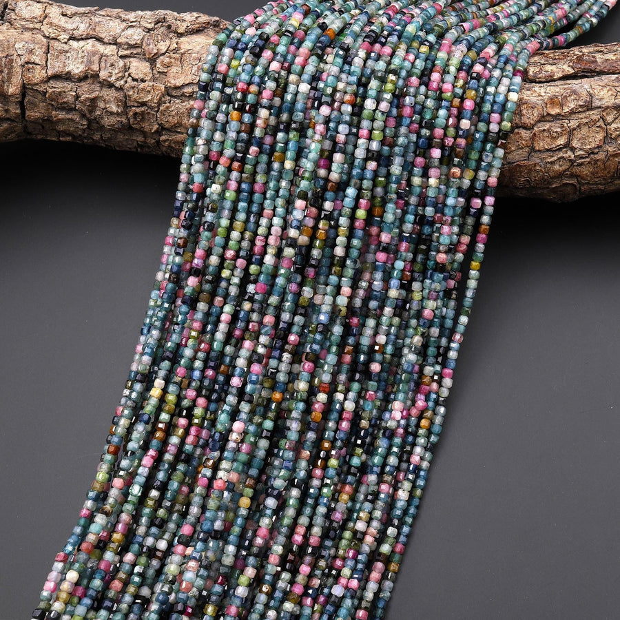 AAA Natural Paraiba Blue Tourmaline Pink Faceted 2mm 3mm Cube Beads Indicolite Gemstone 15.5" Strand
