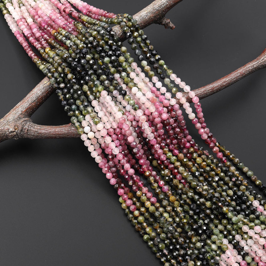 Natural Pink Green Tourmaline Faceted 3mm Round Beads Ombre Color Graduated Shades Gemstone 15.5" Strand