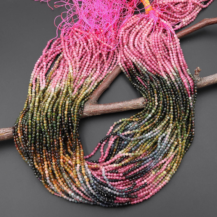Natural Pink Green Blue Yellow Tourmaline Micro Faceted 2mm 3mm Round Ombre Gemstone Beads 15.5" Strand