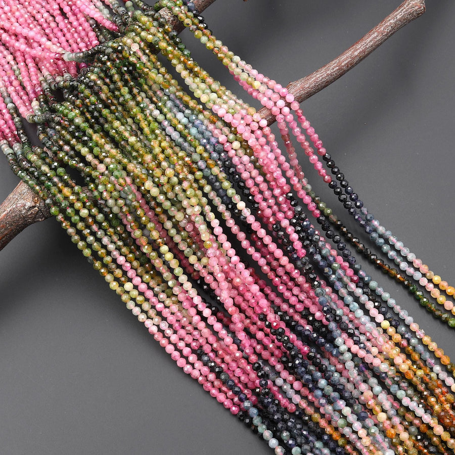 Natural Pink Green Blue Yellow Tourmaline Micro Faceted 2mm 3mm Round Ombre Gemstone Beads 15.5" Strand
