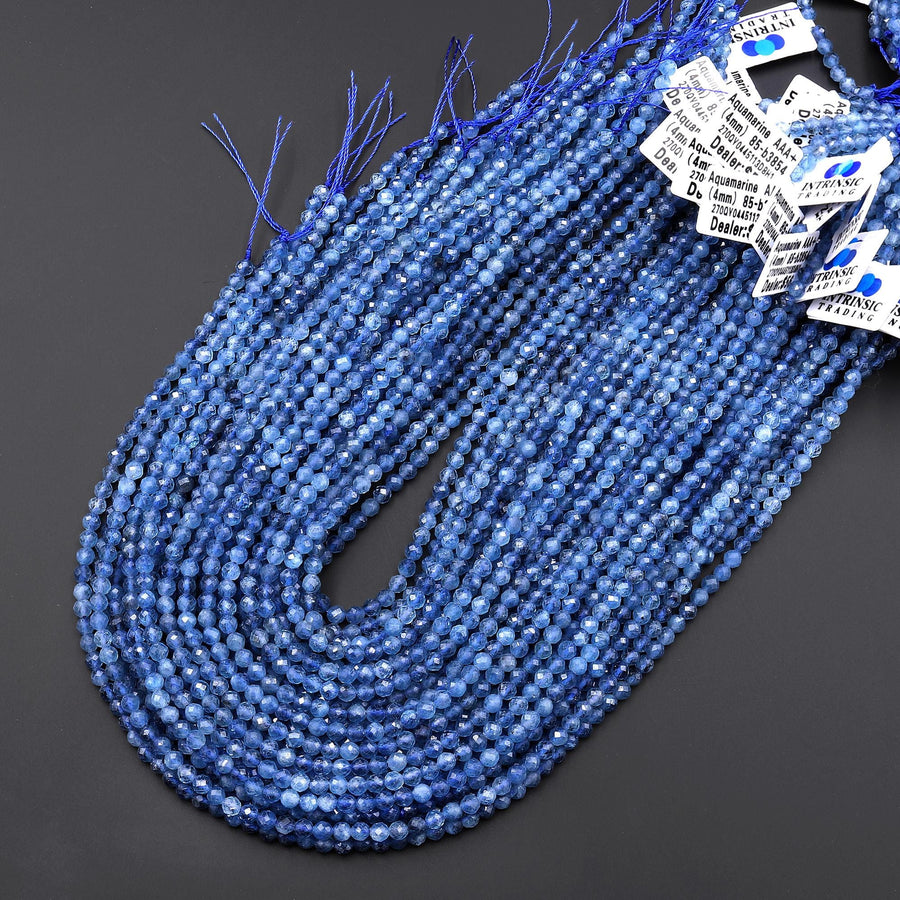 AAA+ Faceted Natural Blue Santa Maria Aquamarine 4mm Round Gemstone Beads 15.5" Strand