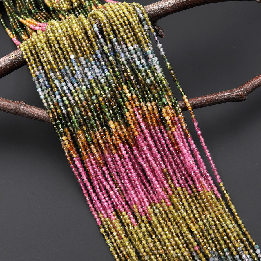 AAA Natural Pink Green Blue Yellow Tourmaline Micro Faceted 2mm Round Ombre Gemstone Beads 15.5" Strand