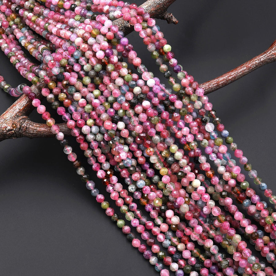 AAA Faceted Translucent Natural Green Pink Blue Tourmaline Round Beads 4mm Gemstone 15.5" Strand