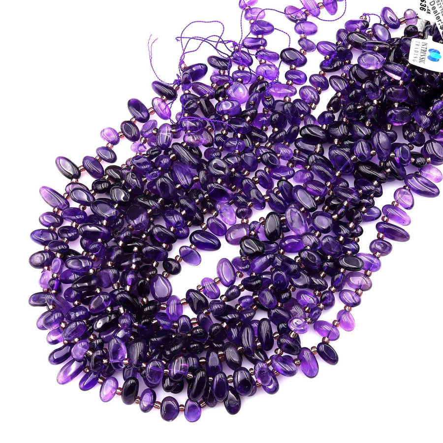 Natural Deep Purple Amethyst Freeform Oval Drop Pebble Nugget Beads Side Drilled Gemstone 15.5" Strand
