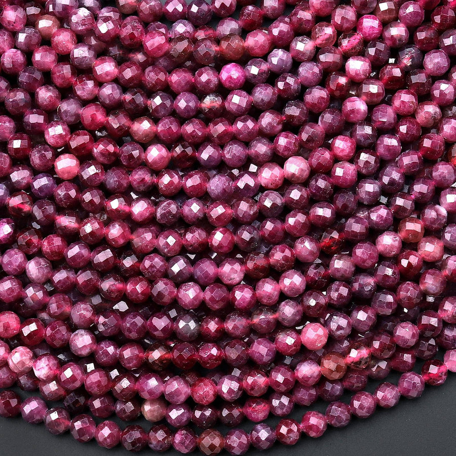 Rare Natural Red Rubellite Tourmaline Faceted 4mm Round Beads 15.5" Strand